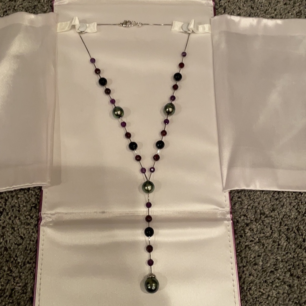 Baroque black pearl and bead lariat necklace silver and pearls